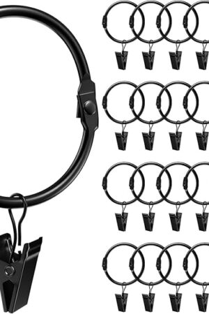 24 Pack 2 Inches Curtain Rings with Clips, Openable Drapery Metal Clip Iron Drapes Hangers Decorative for Windows Rods Rustproof, Black