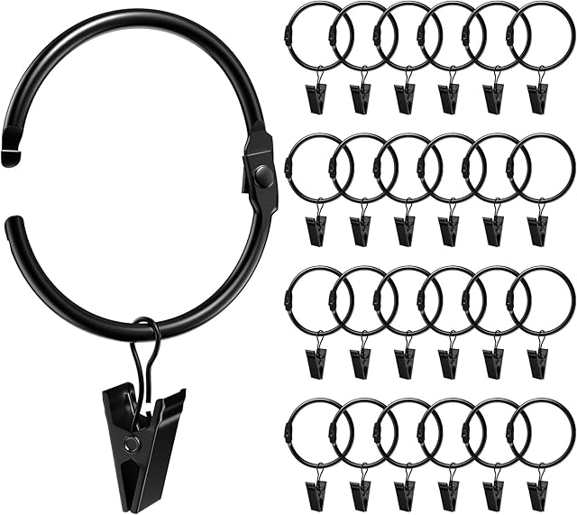 24 Pack 2 Inches Curtain Rings with Clips, Openable Drapery Metal Clip Iron Drapes Hangers Decorative for Windows Rods Rustproof, Black