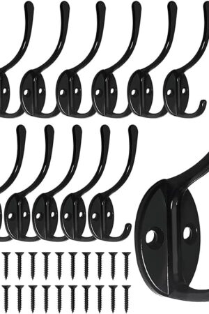 14 Pack Coat Hooks Wall Mounted with 28 Screws, Heavy Duty Black Towel Hooks Metal Double Hooks, No Rust Retro Rustic Wall Hooks for Hanging Towel, Coat, Scarf, Bag, Hat, Cup, Key