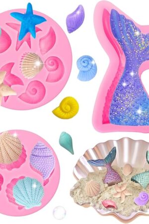 3 Pcs Marine Theme Silicone Molds, Fondant Cake Mold Seashell Starfish Conch Silicone Baking Mold Mermaid Tail Clay Molds for Cupcake Cake Decoration Chocolate Candy DIY Crafts Roxjaejae