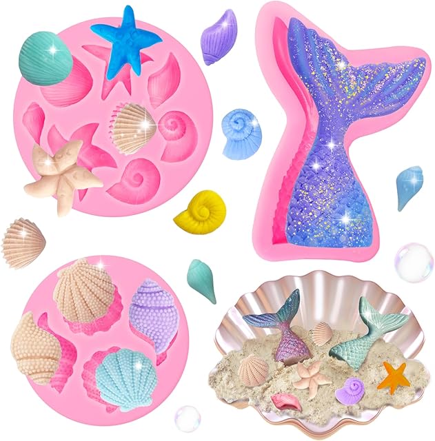 3 Pcs Marine Theme Silicone Molds, Fondant Cake Mold Seashell Starfish Conch Silicone Baking Mold Mermaid Tail Clay Molds for Cupcake Cake Decoration Chocolate Candy DIY Crafts Roxjaejae