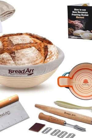 Banneton Bread Proofing Basket Set - 9 Inch round sourdough proofing basket with Silicone Bread Sling, Dough Scrapers, Bread lame, Dough Whisk and a Cleaning Brush