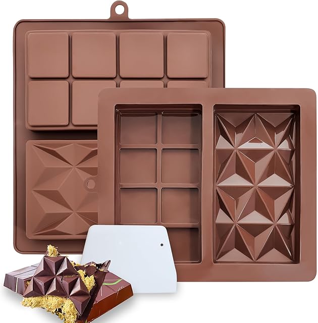 2 Pack Deep Chocolate Bar Molds, Silicone Dubai Chocolate Bar Mold, Candy Bar Mold for Stuffed Bar with Scraper