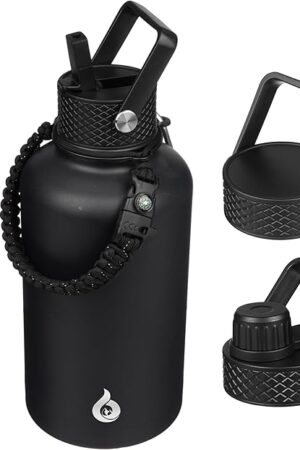 BJPKPK Half Gallon Insulated Water Bottles with Straw Lid, 64oz Large Water Jug, Stainless Steel Bottles with 3 Lids and Paracord Handle, Thermos for Hot & Cold Liquid, Black