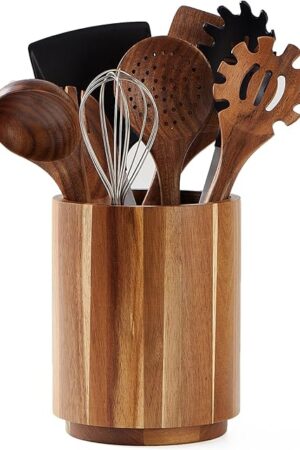 Acacia Wood Utensil Holder for Kitchen Counter, 360° Rotating 7.2" Wooden Cooking Utensil Crock for Countertop, Farmhouse Kitchen Decor