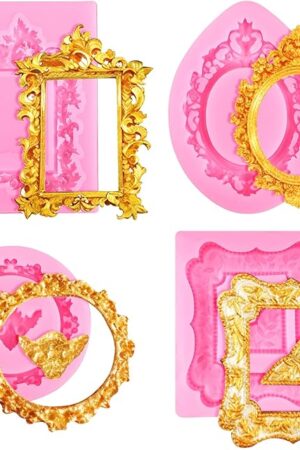 4 Pcs Photo Frame Silicone Molds, Baroque Style Air Dry Clay Molds, Mini Frame Molds Silicone for Cupcake Topper Cake Decoration Chocolate Candy Polymer Clay Gum