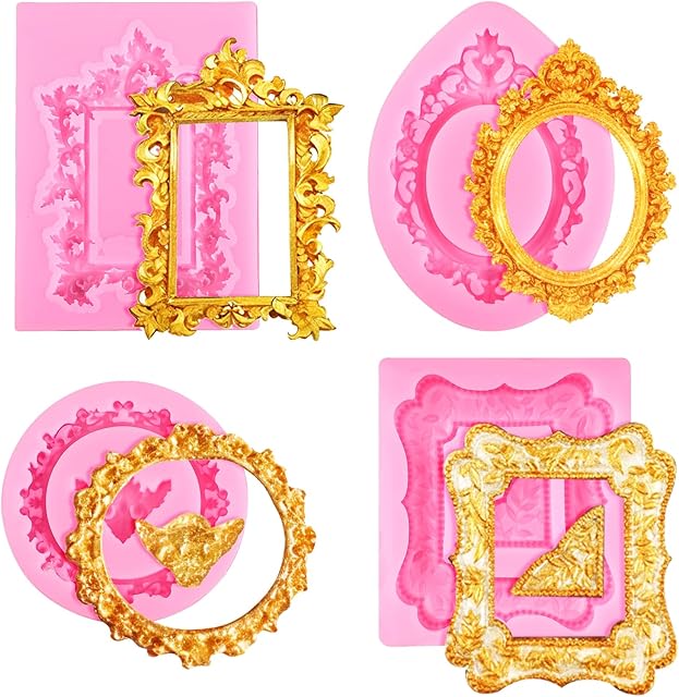 4 Pcs Photo Frame Silicone Molds, Baroque Style Air Dry Clay Molds, Mini Frame Molds Silicone for Cupcake Topper Cake Decoration Chocolate Candy Polymer Clay Gum