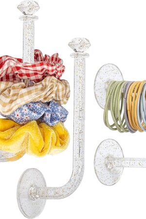 4pcs Headband Holder Stand Scrunchie Organizer, Girls Hair Accessories Organizer Storage for Headband Hairband Hair Ties, Clear Glitter Adhesive Scrunchy Holder
