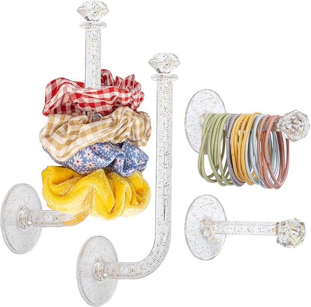 4pcs Headband Holder Stand Scrunchie Organizer, Girls Hair Accessories Organizer Storage for Headband Hairband Hair Ties, Clear Glitter Adhesive Scrunchy Holder