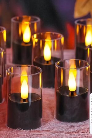 8pcs Halloween Battery Operated 1.7" x2.5" Clear Acrylic Remote LED Tea Lights, Flameless 2/4/6/8h Timer Fake Black Bulk Votive Candles with Batteries, Flickering Pure Plastic Tealights