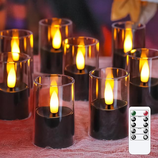 8pcs Halloween Battery Operated 1.7" x2.5" Clear Acrylic Remote LED Tea Lights, Flameless 2/4/6/8h Timer Fake Black Bulk Votive Candles with Batteries, Flickering Pure Plastic Tealights