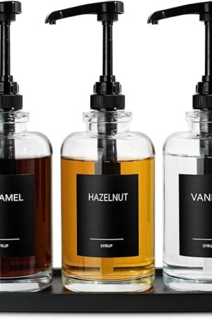 Coffee Syrup Dispenser for Coffee Bar, Glass Syrup Dispenser with 1/4oz Large Capacity Pump, Coffee Syrup Pump Dispenser for Coffee Station, 16.9 fl oz Maple Syrup Bottles for Coffee Bar Organizer