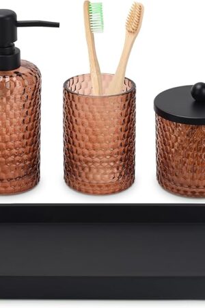 Bathroom Accessories Set,4 Pcs Amber Glass Bathroom Accessories Sets-Lotion Soap Dispenser,Toothbrush Holder,Qtip Holder Dispenser & Resin Vanity Tray,Countertop Vanity Organizer,Amber