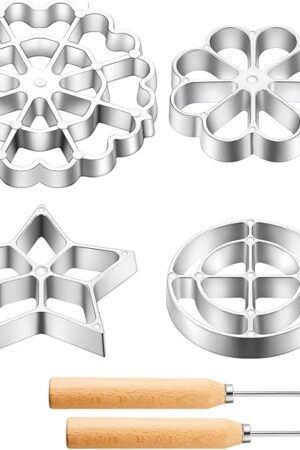 6 Pcs Rosette Iron Mold Set Bunuelos Mold with Handle Cooking Stamp Maker Kit Cookie Cutter Aluminum Alloy Waffle Maker with 3 Interchangeable Head Star Flower Circle(Wood)