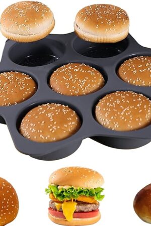 7-cavity Silicone Hamburger Bun Pan, Nonstick Loaf Pan & Heat Resistant Burger Bun Pans for Baking, Bread Pans for Homemade Bread, Bread pans for baking, Easy to Use Burger Pan