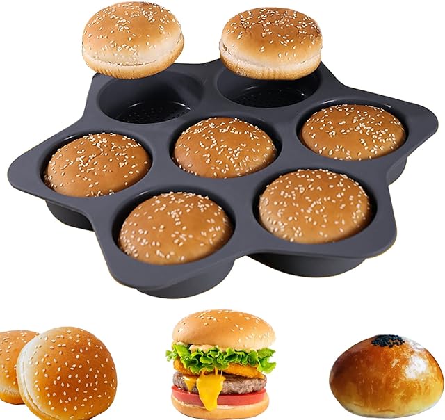 7-cavity Silicone Hamburger Bun Pan, Nonstick Loaf Pan & Heat Resistant Burger Bun Pans for Baking, Bread Pans for Homemade Bread, Bread pans for baking, Easy to Use Burger Pan