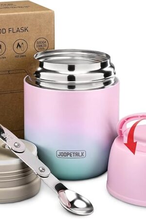 17 oz Insulated Lunch Containers Hot Food Jar, Wide Mouth Lunch Thermo for Kids Adults, Vacuum Stainless Steel Lunch Box With Handle Folding Spoon for School, Office (Blue-Pink)