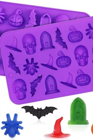 2 Pack Halloween Silicone Molds, Halloween Chocolate Molds, 3D Spider Skull Pumpkin Bat Mold for DIY Gummies Jello Ice Cube Jelly Chocolate Candy Cakes Decorations (Purple)
