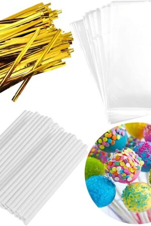 300PCS Lollipop Cake Pop Treat Bag Set Including 100pcs Parcel Bags, Papery Treat Sticks, Gold Metallic Twist Ties for Making Candies, Chocolates and Cookies