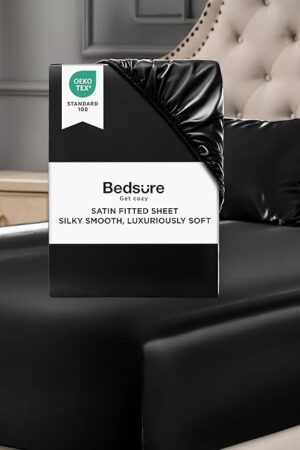 Bedsure Satin Fitted Sheet Only Queen Size - Black Silk Bed Sheet, Luxury & Ultra Soft, Non-Fading & Wrinkle Free, Good for Skin (Black, 60x80+15 Inches, 1 Piece, No Pillowcases)