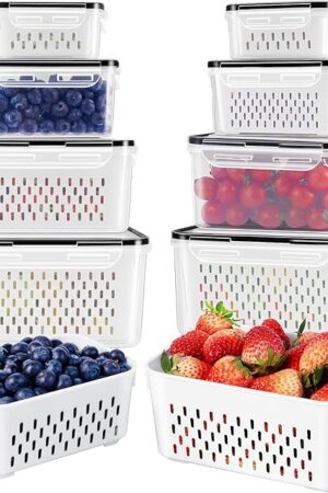 4 PCS Fruit Storage Containers for Fridge with Removable Colander, Airtight Food Storage Container, Dishwasher Safe Produce Saver Container for Refrigerator, Keep Berry Fruit Vegetable Fresh Longer