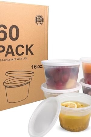 [60 sets] 16oz Plastic Soup Containers with Lids，Deli Containers with Lids，Food Storage Containers with airtight lid，Meal Prep Containers/BPA Free/Freezer Safe/Dishwasher Safe/Microwave Safe/Stackable