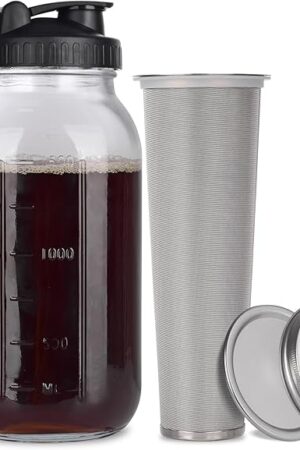 Cold Brew Mason Jar iced Coffee Maker, Durable Glass, - 64 oz (2 Quart / 1.9 Liter), With Handle& Stainless Steel Filter for Iced Brew Coffee, Lemonade, Ice Tea, Homemade Fruit Drinks Container