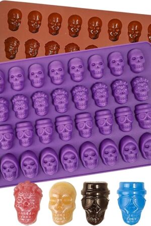 Webake Mini Skull Candy Mold with 4 Different Shapes, 36-Cavity Halloween Skull Silicone Chocolate Candy Mold for Gummy, Chocolate, Candy, Jello, Cupcake Decoration（2PCS）