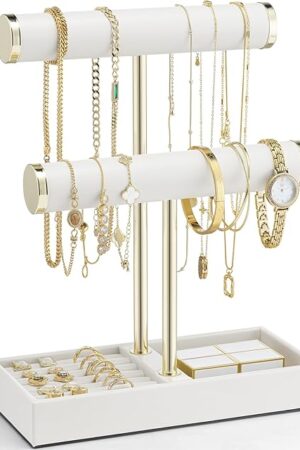 Vlando 2 Tier Bracelet Holder Organizer with Tray - Leather Jewelry Stand Organizer for Women - Jewelry Holder Display for Necklace, Watches, Rings, Earrings, Bangle, Scrunchie - White