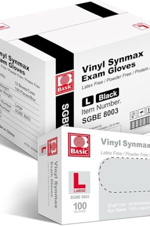 Basic Vinyl Exam Gloves, 4 mil Safty Glove Latex-Free & Powder-Free, SGBE 8003 Synmax Disposable Medical Glove Large (Case of 1000, Black)