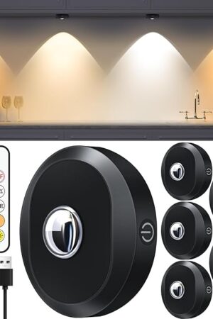 WILLED Puck Lights with Remote Control, Rechargeable Under Cabinet Lights, 1200mAh Battery Operated Tap Lights, Dimmable Push Lighting, Wireless Closet Light, LED USB Stick On Light (6 Pack)