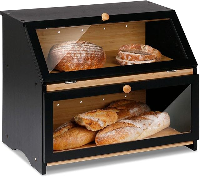 HOMEKOKO Double Layer Large Bread Box for Kitchen Counter, Wooden Large Capacity Bread Storage Bin (Black)