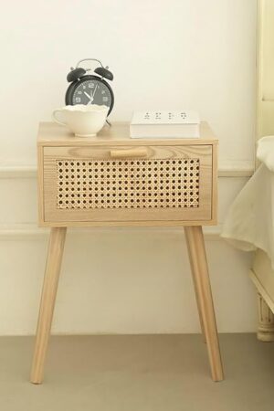 AWASEN Rattan Nightstand Bedside Table Wood End Table with Solid Wood Legs for Small Space, Walnut