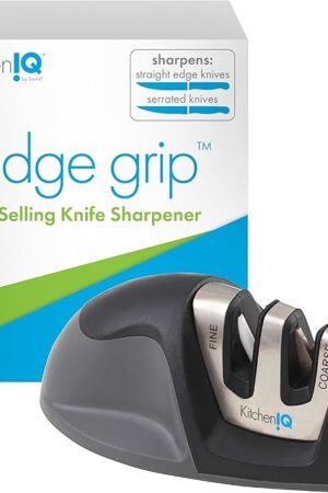 50009 Edge Grip 2-Stage Knife Sharpener, Black, Coarse & Fine Sharpeners, Compact for Easy Storage, Stable Non-Slip Base, Soft Grip Rubber Handle, Straight & Serrated Knives