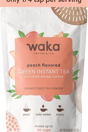 Waka Instant Green Tea Mix, Peach Flavored - 100% Tea Leaves (.45oz) | Unsweetened | No Additives | Sample/Travel Size | Easy Quick Hot & Iced | Makes Up to 20 Cups