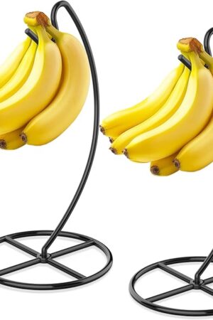 2 Pack Banana Holder, Banana Tree Stand Metal, Banana Stand Holder, Holds Up to 15LB Banana or Grape, Banana Rack for Kitchen Counter, Black