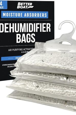 4 Pack Moisture Absorber Hanging Bags, Boat Dehumidifier with Charcoal, Unscented, Removes Dampness and Musty Odors, Ideal for Basement, Closet, Home, Car, RV, and Boating