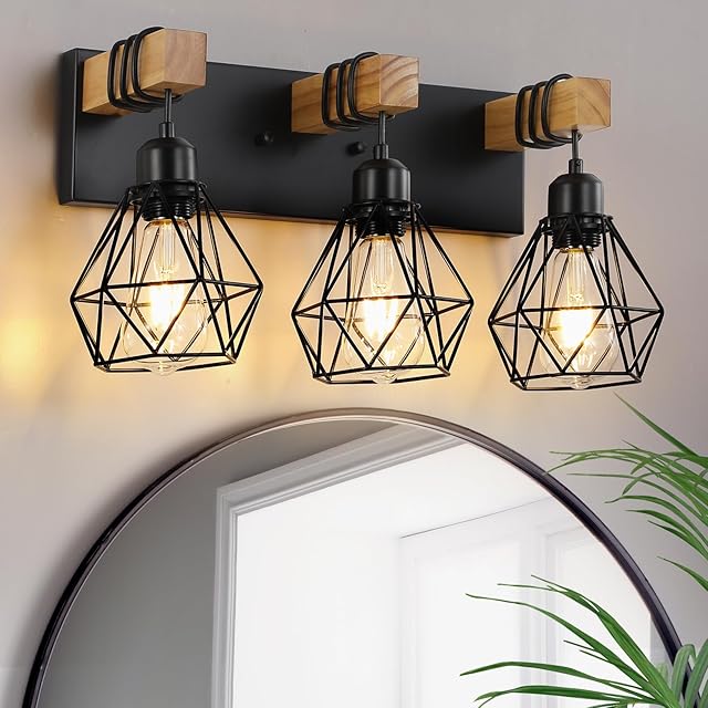Farmhouse Vanity Light for Bathroom, 3-Light Wood Bathroom Vanity Light Fixtures Over Mirror, Rustic Sconces Wall Lighting with Metal Lampshade for Living Room, Bedroom, Hallway