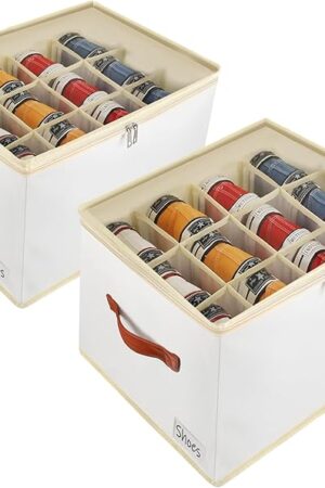 2 Pack Shoe Storage Box Organizer for Closet - 24 Cell Space Saver Shoes Containers Bin with Clear Lids Stackable, Can Fit Ottoman, Foldable Shoe Rack Cabinet Cubby for Wardrobe