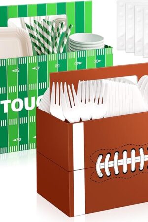 2PCS Football Utensil Holder Disposable Utensil Caddy for Football Party Supplies Green Brown Cutlery Holder with Handles for Birthday Party Decor Cutlery Caddy for Cups Spoons Forks Napkins Plates
