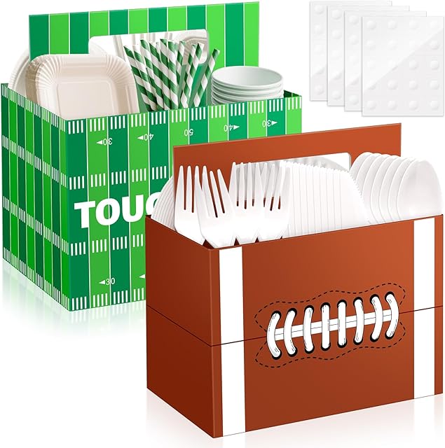 2PCS Football Utensil Holder Disposable Utensil Caddy for Football Party Supplies Green Brown Cutlery Holder with Handles for Birthday Party Decor Cutlery Caddy for Cups Spoons Forks Napkins Plates