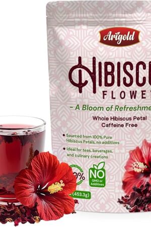 Arigold Pure Whole Petals Hibiscus Tea 1lb – Organic Dried Hibiscus Flowers,Flor de Jamaica, Hibiscus Sabdariffa, Bissap, Sorrel, hibiscus tea loose leaf Herbal Tea for Agua Fresca, Cocktails, Iced Tea & Hot Tea | Caffeine-Free & Rich in Antioxidants.