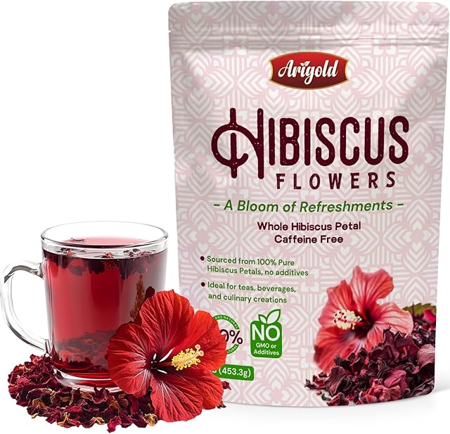 Arigold Pure Whole Petals Hibiscus Tea 1lb – Organic Dried Hibiscus Flowers,Flor de Jamaica, Hibiscus Sabdariffa, Bissap, Sorrel, hibiscus tea loose leaf Herbal Tea for Agua Fresca, Cocktails, Iced Tea & Hot Tea | Caffeine-Free & Rich in Antioxidants.