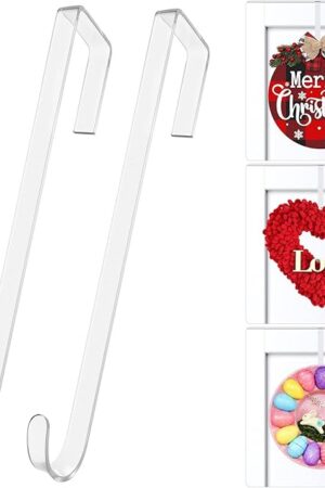 Clear Over The Door Hooks, 12 in Wreath Hangers, Non-Scratch Hooks 2 Pack