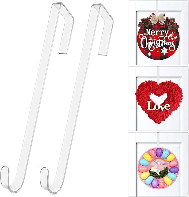 Clear Over The Door Hooks, 12 in Wreath Hangers, Non-Scratch Hooks 2 Pack