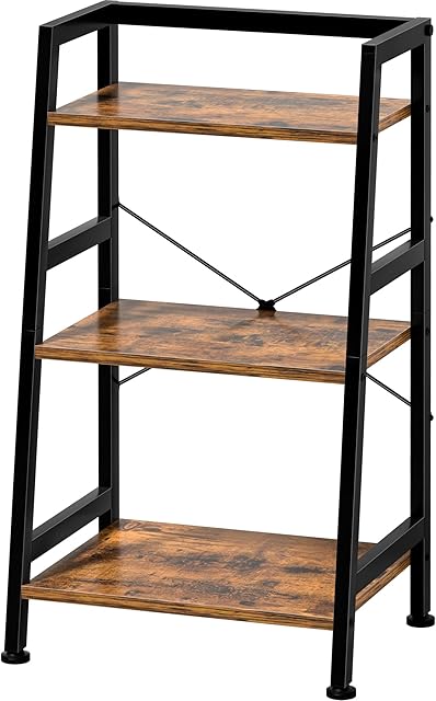 Industrial Style 3-Tier Ladder Shelf Bookshelf, Small Industrial Bookcase with Steel Frame, Metal Black and Rustic Brown