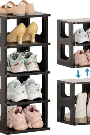 Vertical 5 Tier Plastic Shoe Organizer Rack Narrow Stackable Black Cabinet Shelves