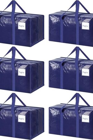 6 Pack Extra Heavy Duty Large Moving Bags with Strong Zipper & Comfortable Handles, Sturdy & Durable Clothes Storage Bags Totes Bins, Blue Packing Moving Boxes for College Supplies, Dark Blue