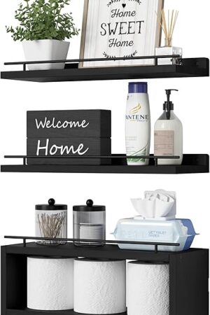 WOPITUES Floating Shelves for Wall with Cube Shelf, Wall Shelves with Metal Rail for Bathroom Decor, Bathroom Organizers and Storage, Over Toilet Shelves for Toilet Paper-Black