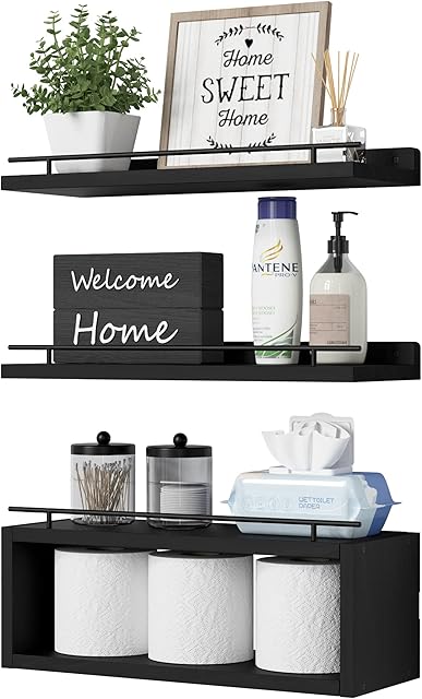 WOPITUES Floating Shelves for Wall with Cube Shelf, Wall Shelves with Metal Rail for Bathroom Decor, Bathroom Organizers and Storage, Over Toilet Shelves for Toilet Paper-Black